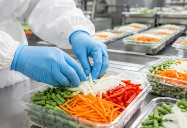 Sanitización y empaque de vegetales con guantes