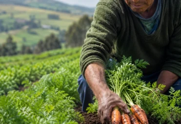 Pequeño agricultor cosechando zanahorias