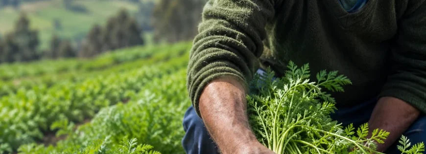 Pequeño agricultor cosechando zanahorias