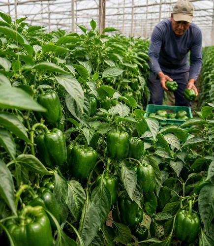 Cosecha de pimiento verde en invernadero